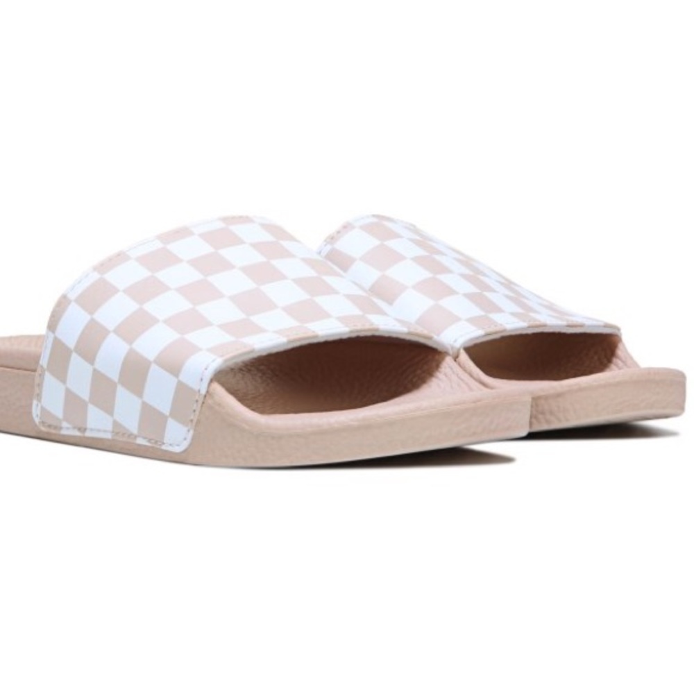 Pink checkerboard vans slides